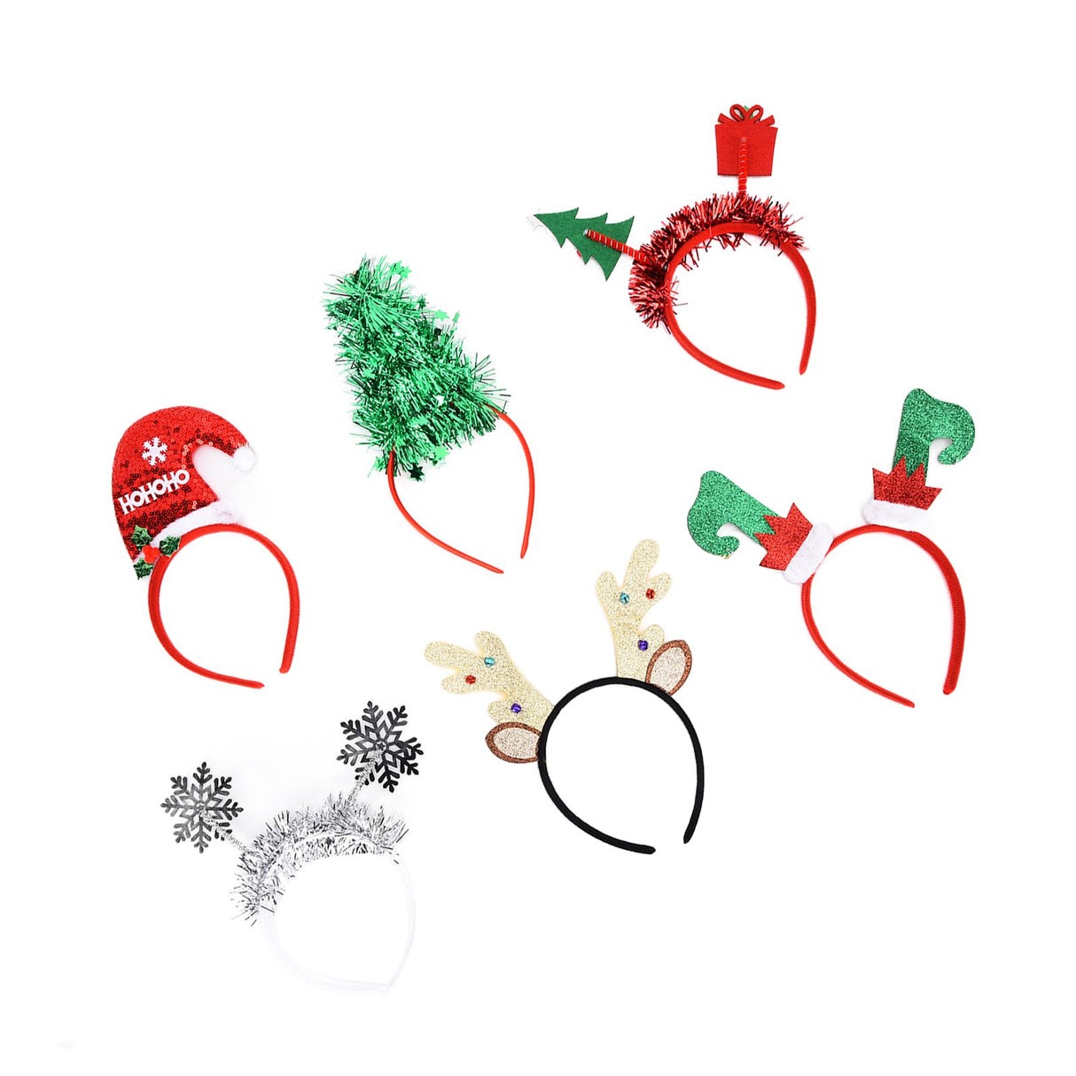 6Pcs Christmas Headband Christmas Tree Reindeer Snowflake Santa Hat Holiday Party Headgear for Christmas Party