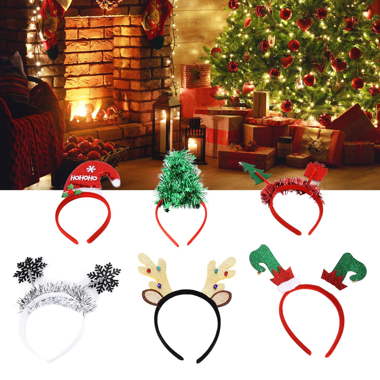 6Pcs Christmas Headband Christmas Tree Reindeer Snowflake Santa Hat Holiday Party Headgear for Christmas Party
