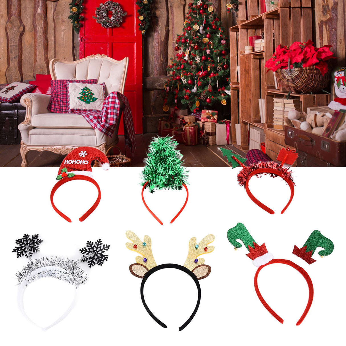 6Pcs Christmas Headband Christmas Tree Reindeer Snowflake Santa Hat Holiday Party Headgear for Christmas Party