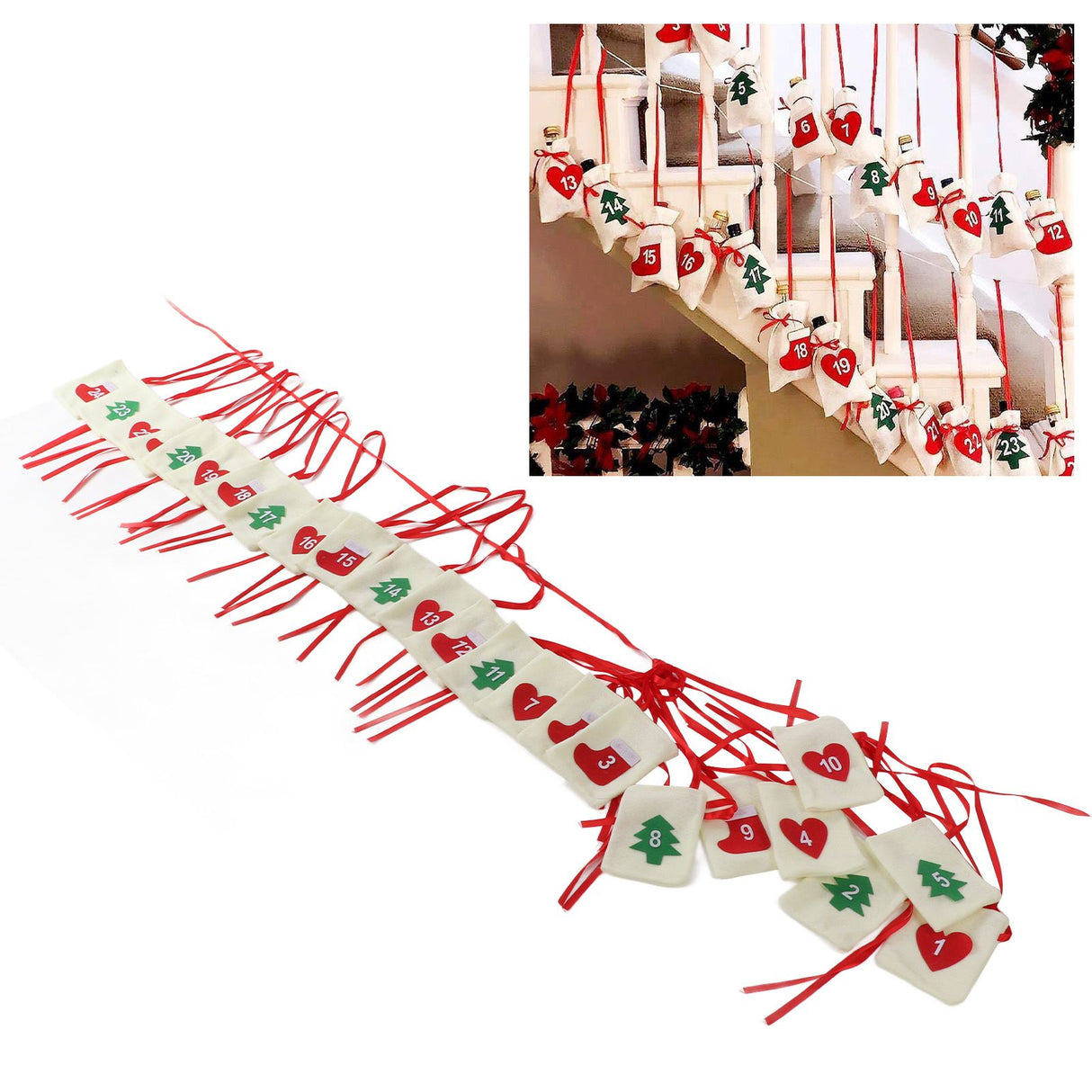 Christmas Advent Calendar Bags Hanging 24 Days Countdown Calendar Pocket for Party Celebration Decoration