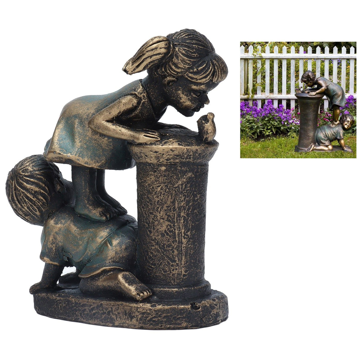 Girl Boy Drink Water Statue Garden Sculpture Resin Courtyard Ornament for Indoor Outdoor Decoration