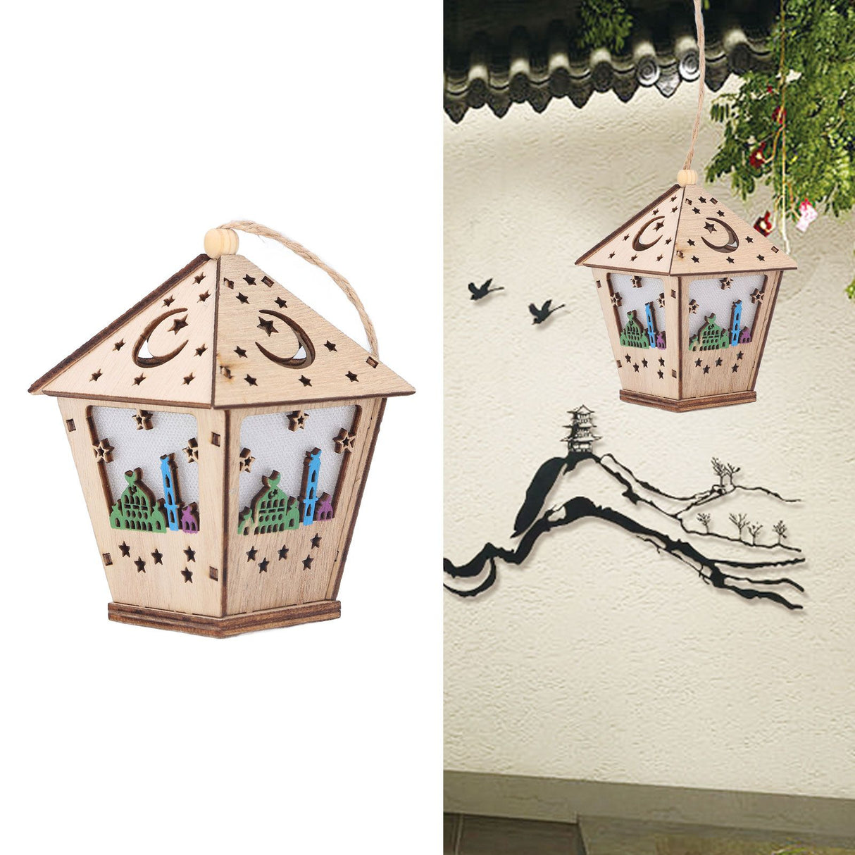 Ramadan Lamp Three Dimensional House Shape Unique Design Hanging Light Wooden Decorative Lamp Crafts Ornaments