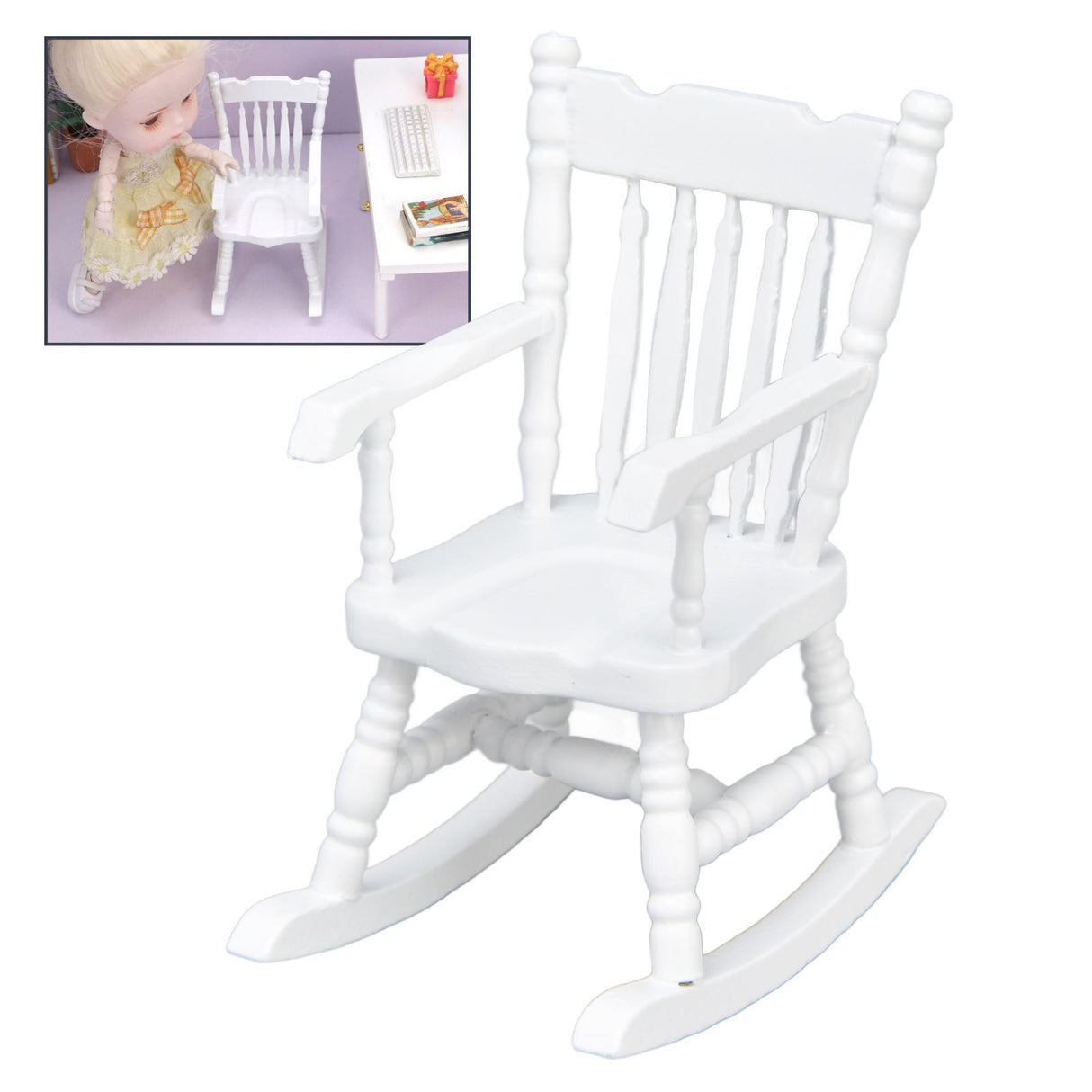 1:12 Dollhouse Chair Wood Doll House Miniature Rocking Chair White Mini Dollhouse Furniture