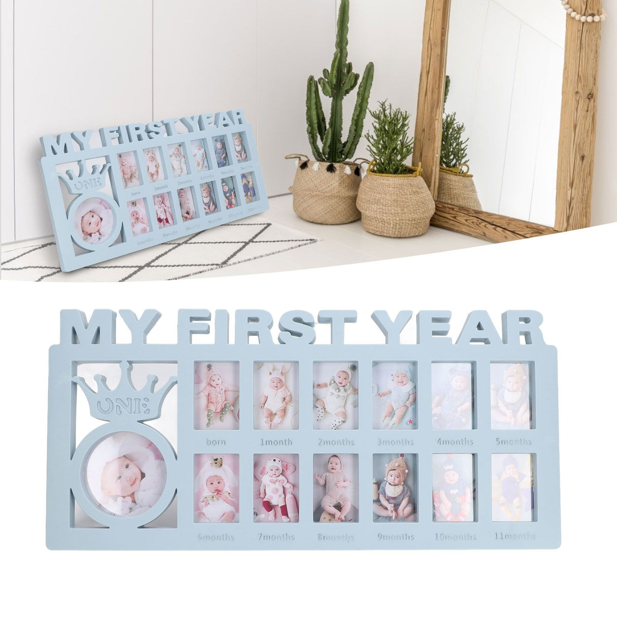 Newborn Photo Frame Durable Polished 12 Small Picture Frames Record Baby's Monthly Growth Baby Photo Frame for GiftBlue