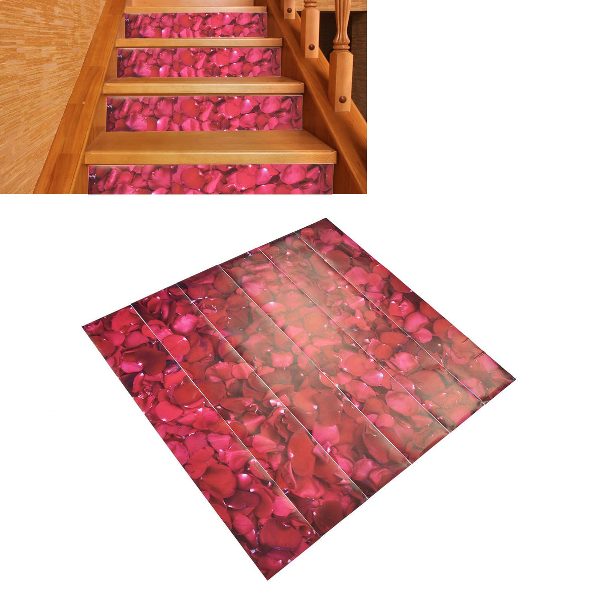 6PCS 100x18cm 3D Stair Sticker Rose Flower Self Adhesive Wall Sticker Waterproof Tile Stair Sticker for Valentine's Day