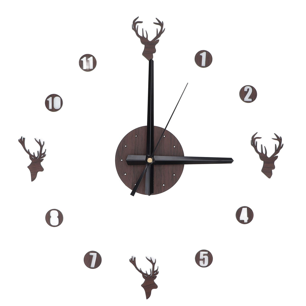Frameless Wall Clock Deer Head 3D Effect Self Adhesive DIY Clock with Silent Movement for Living Room Bedroom Office