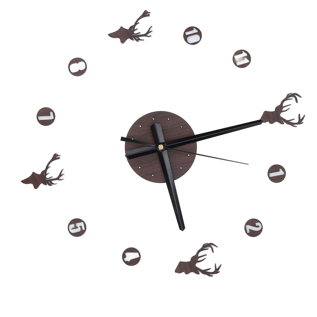 Frameless Wall Clock Deer Head 3D Effect Self Adhesive DIY Clock with Silent Movement for Living Room Bedroom Office