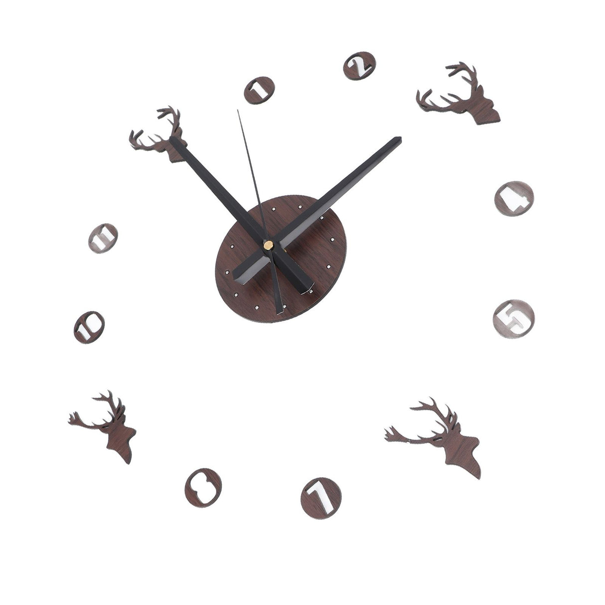 Frameless Wall Clock Deer Head 3D Effect Self Adhesive DIY Clock with Silent Movement for Living Room Bedroom Office