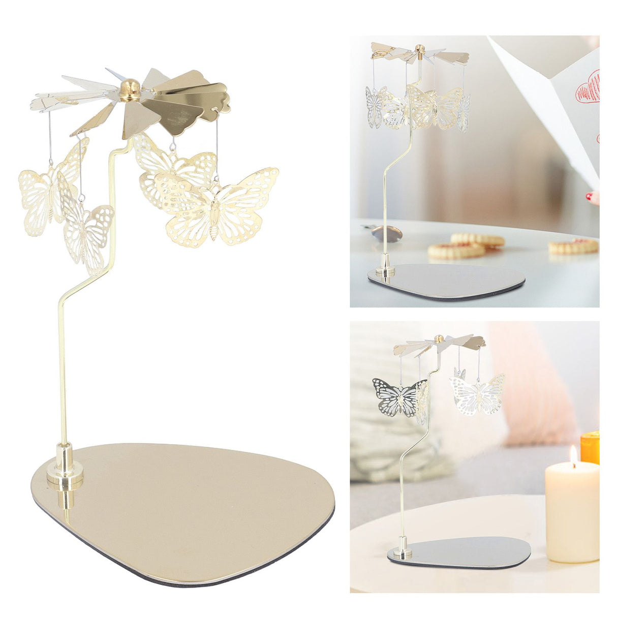Candle Holder Round Triangle Tray Romantic European Style Stainless Steel Rotating Aromatherapy Wind Chime Candle Holder Butterfly