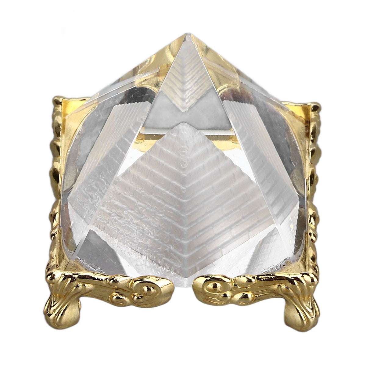 4cm Pyramid Prism Meditation Crystal Carved Pyramid Ornament with Gold Stand for Home Office Art Decor