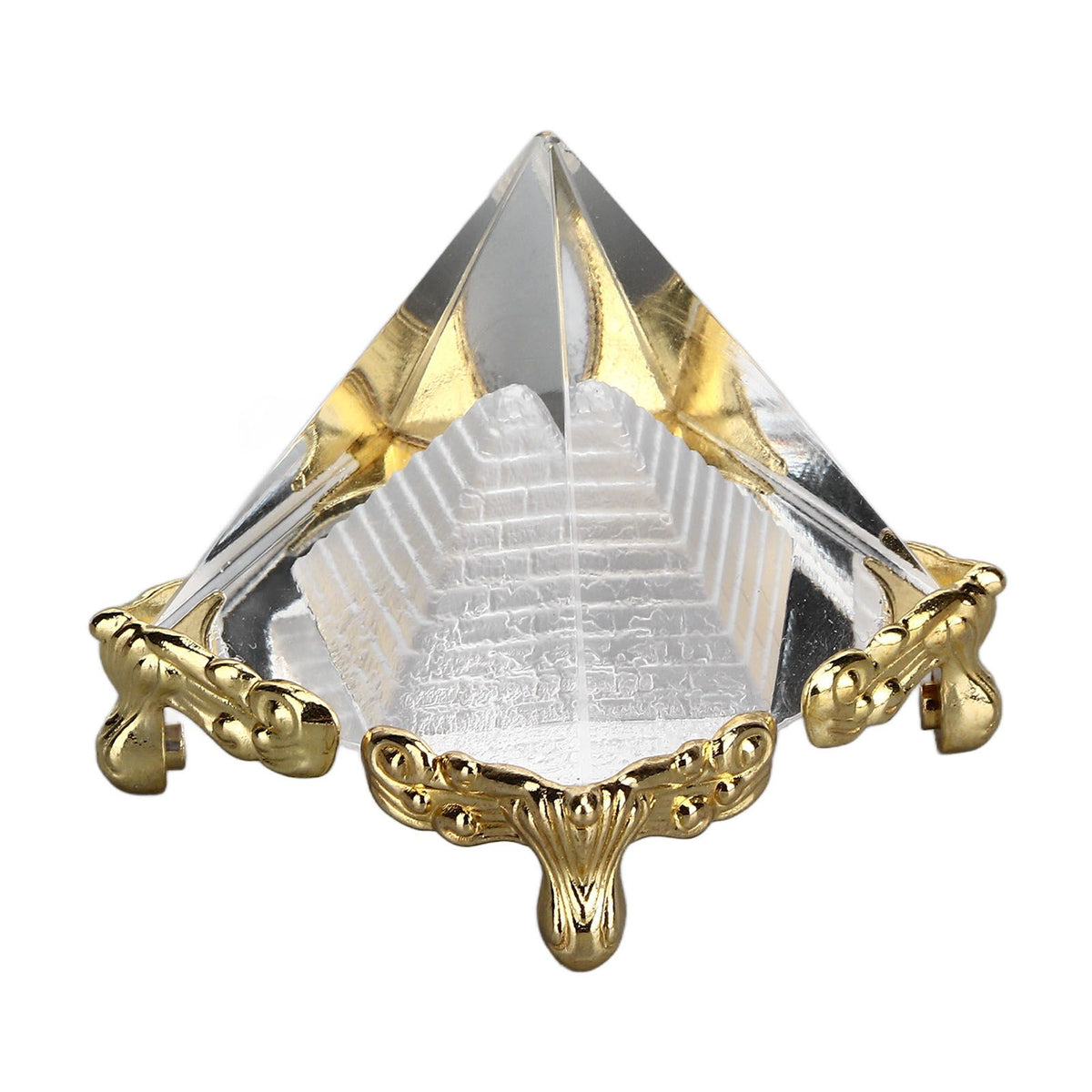 4cm Pyramid Prism Meditation Crystal Carved Pyramid Ornament with Gold Stand for Home Office Art Decor
