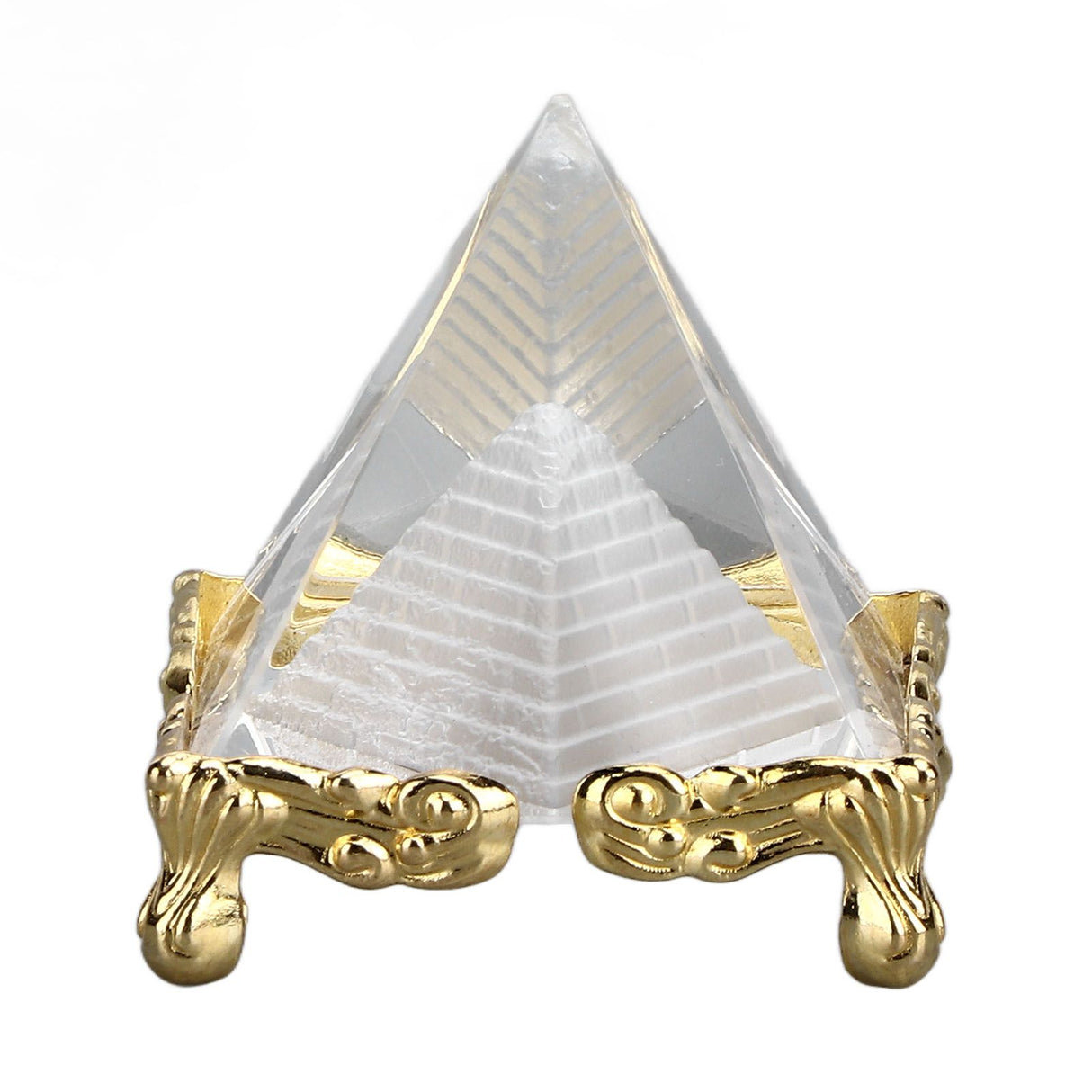 4cm Pyramid Prism Meditation Crystal Carved Pyramid Ornament with Gold Stand for Home Office Art Decor