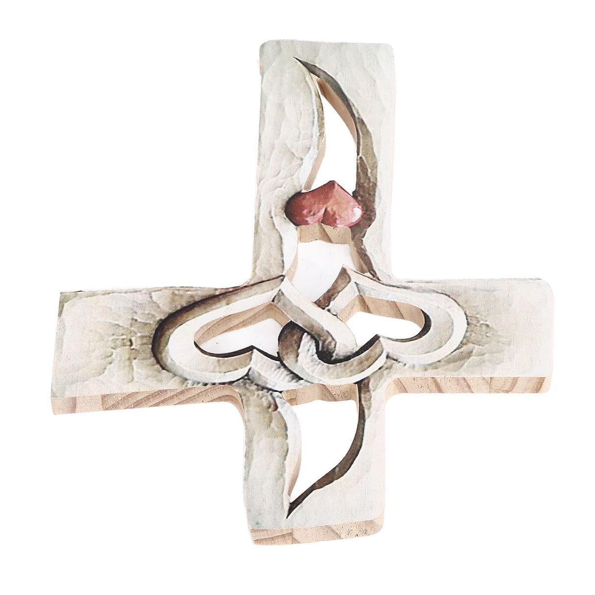 Carved Wooden Cross Intertwined Hearts Wall Hanging Hand Carved Wood Cross for Living Room Study Bedroom Office Decor Red Heart Pattern