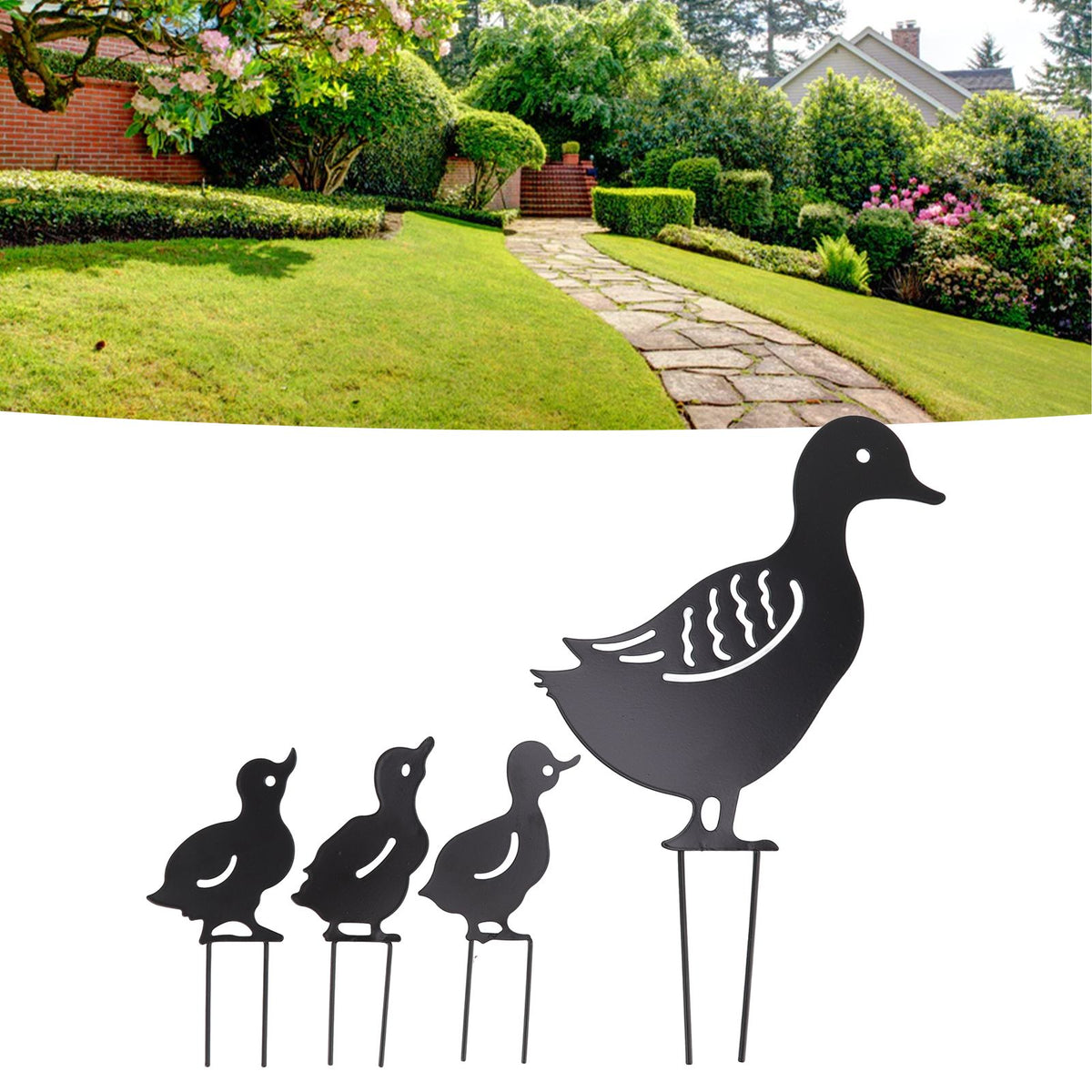 4Pcs Metal Duck Decorative Garden Stakes Cute Animal Hollow Design Black Iron Art Duck Decoration for Courtyard Lawn Garden