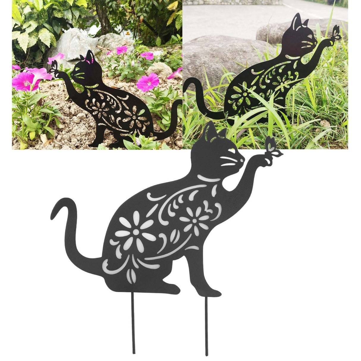 Black Cat Statuette Cute Black Cat Vivid Appearance Hollow Design Durable Metal Black Cat Decor for Home Garden Backyard