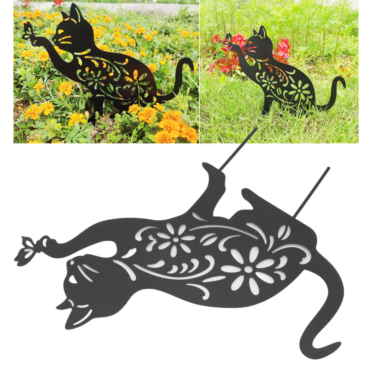 Black Cat Statuette Cute Black Cat Vivid Appearance Hollow Design Durable Metal Black Cat Decor for Home Garden Backyard