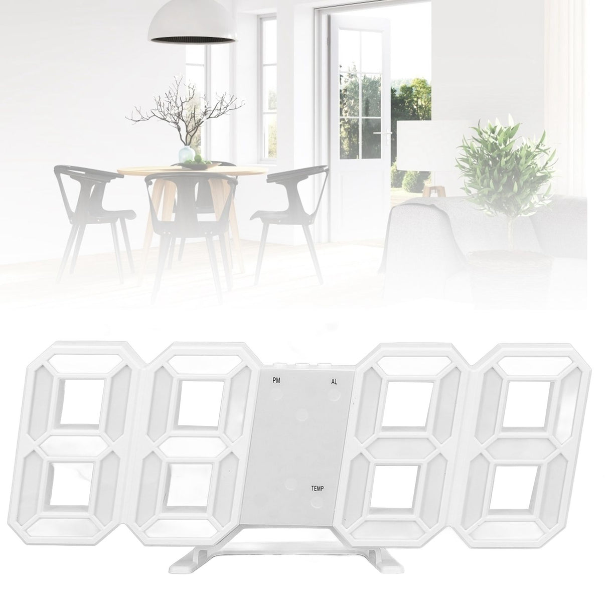 3D LED Wall Clock Minimalist White Frame Digital Wall Alarm Clock Timer with Temperature for Home Livingroom White Word