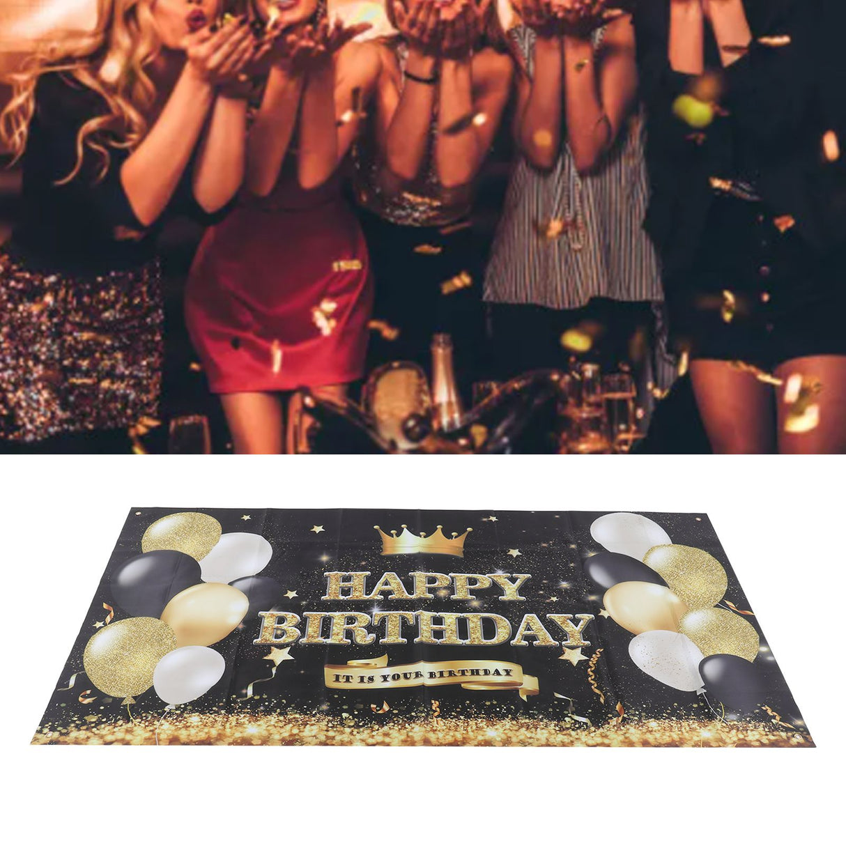 Happy Birthday Backdrop Banner Black and Gold Sign Poster Large Glitter Balloons Birthday Party Decoration
