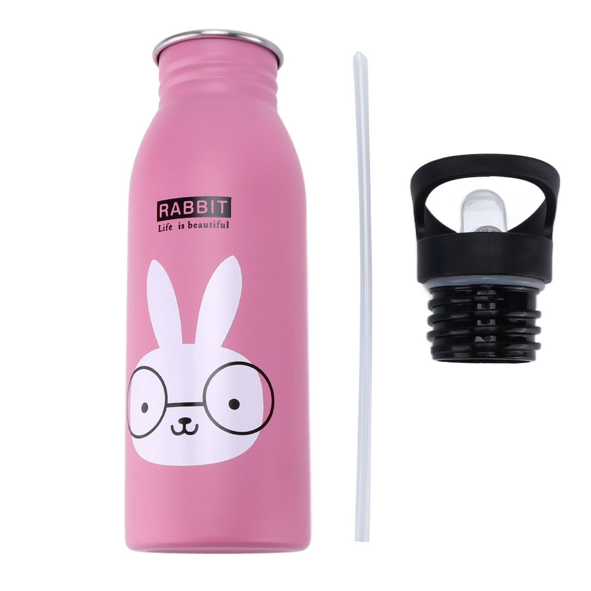 Stainless Steel Sport Water Bottle 500ml Cute Vacuum Insulated Water Bottle with Sucking Mouth for Outdoor SportsPink Bunny