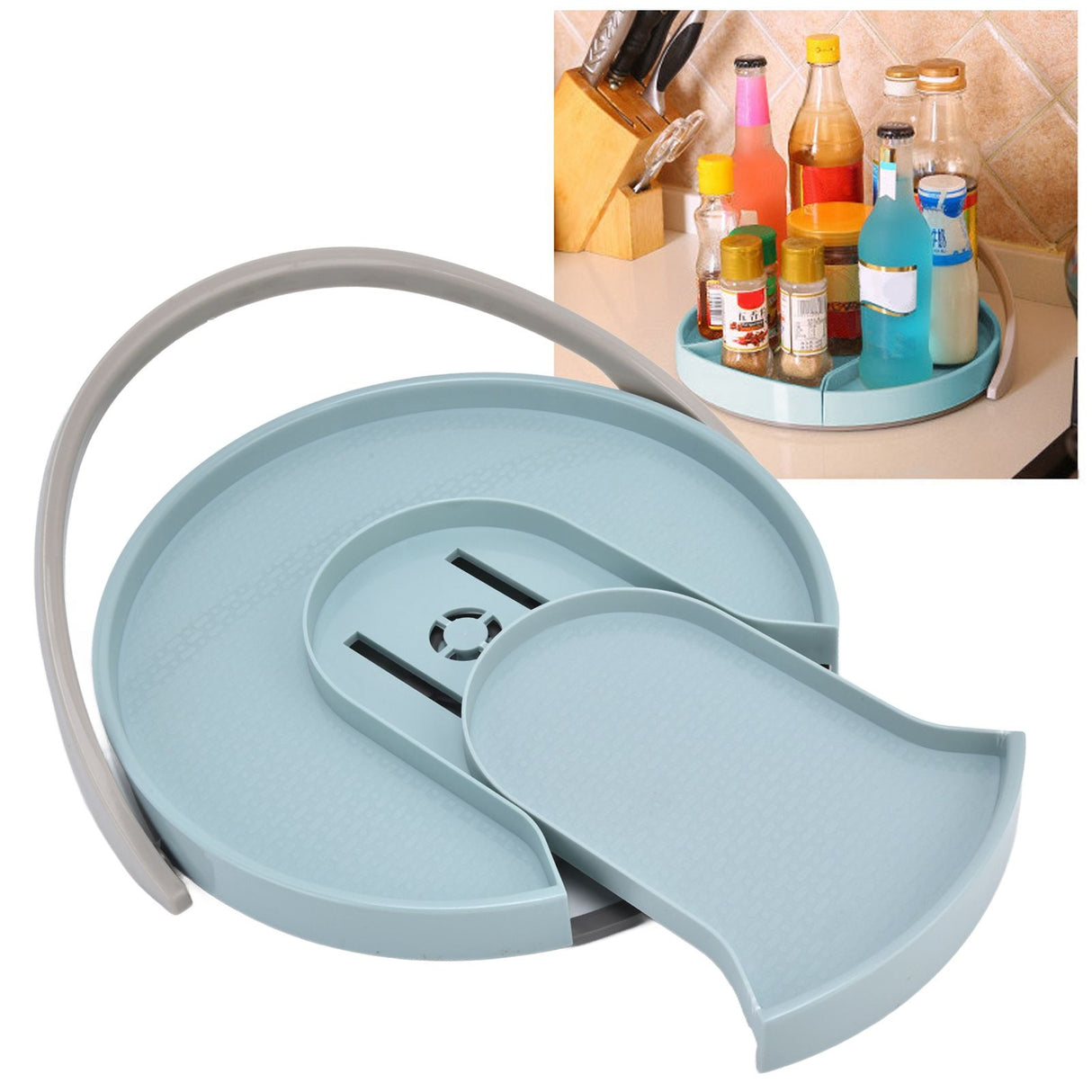 Kitchen Storage Turntable Non Skid Kitchen Spice Beverage Pull Out Organizer Rack for Kitchen Cabinets PantryBlue