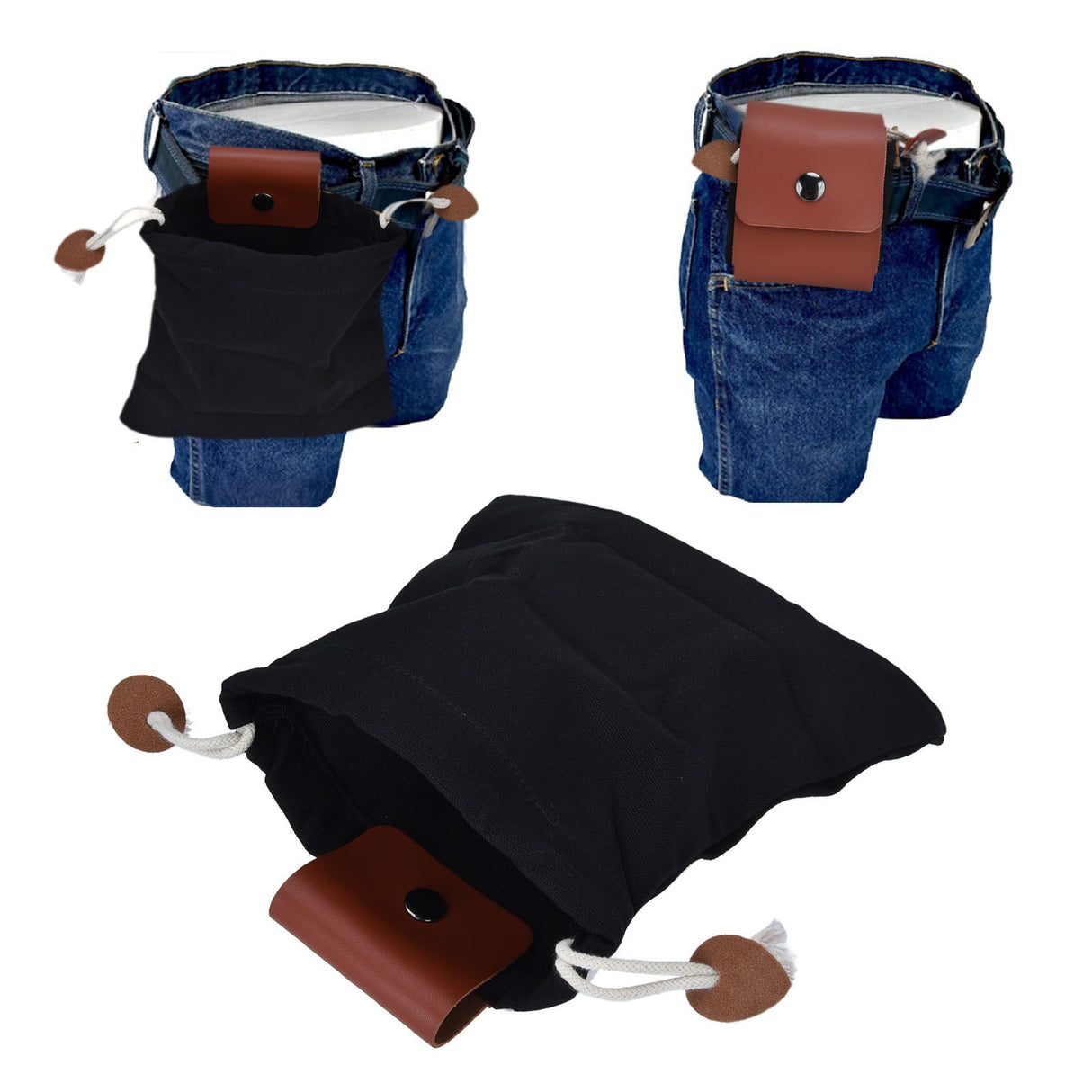 Foraging Pouch PU Leather Canvas Fruit Picking Storage Bag Waist Hanging Tool Bag for Outdoor CampingBlack