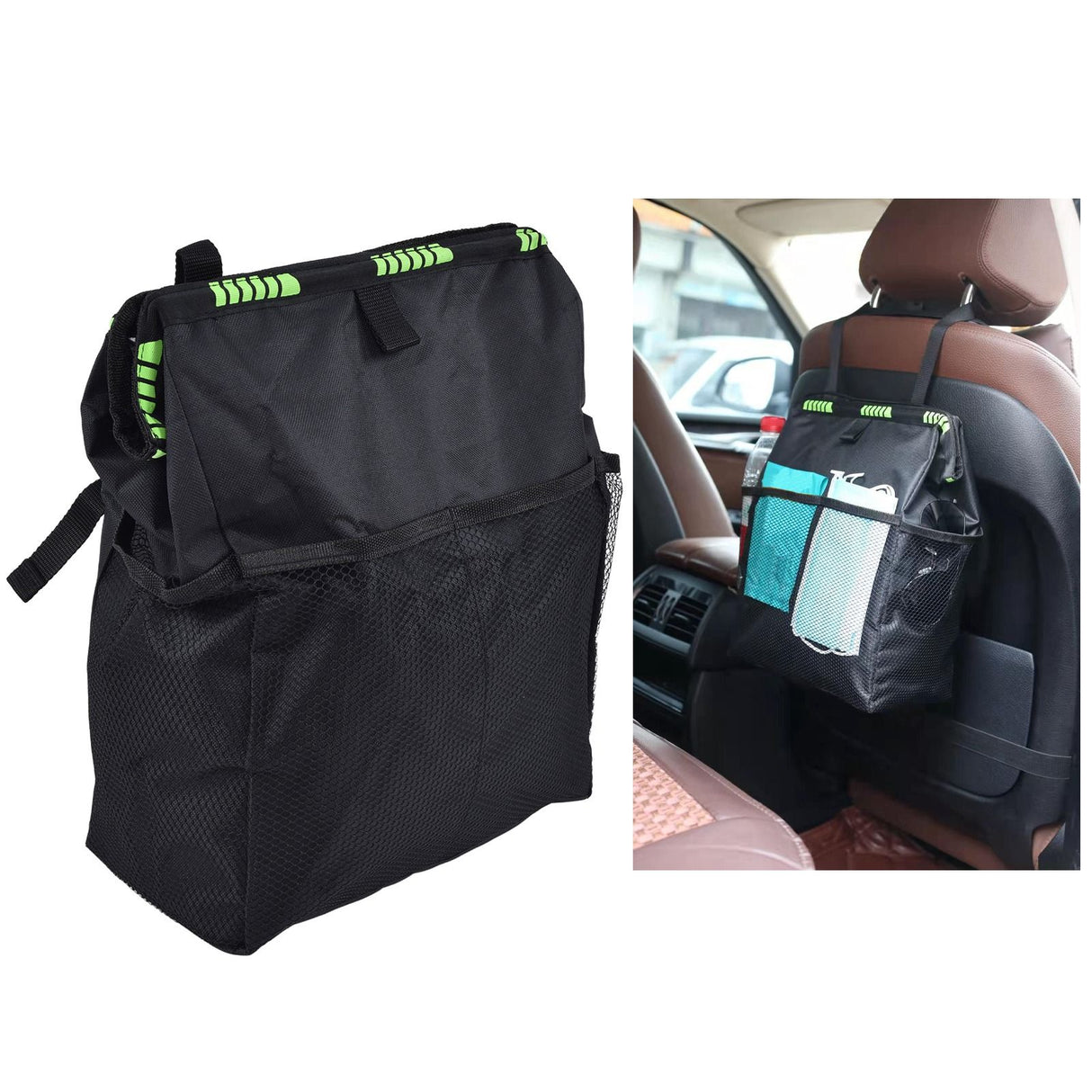 Car Garbage Storage Bag Waterproof Foldable Oxford Fabric Auto Litter Bin with Lid and Pockets Black