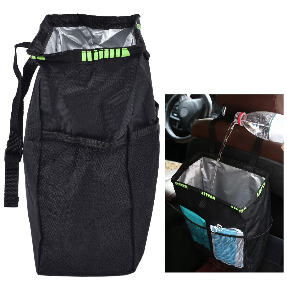 Car Garbage Storage Bag Waterproof Foldable Oxford Fabric Auto Litter Bin with Lid and Pockets Black