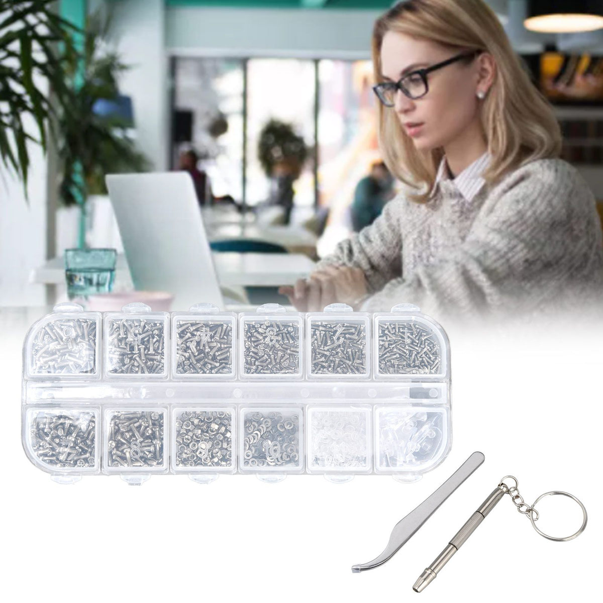 Glasses Repair Kit Eyeglass Screws Set with Nut Screwdriver Tweezer for Cellphone Tablet Watch Clock Glasses