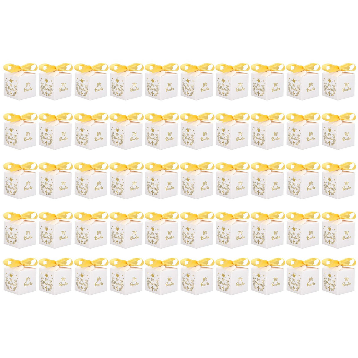 50pcs Party Favor Boxes Paper Material Mi Bautizo Pattern Equipped Gold Ribbon White Wedding Gift Boxes for Party
