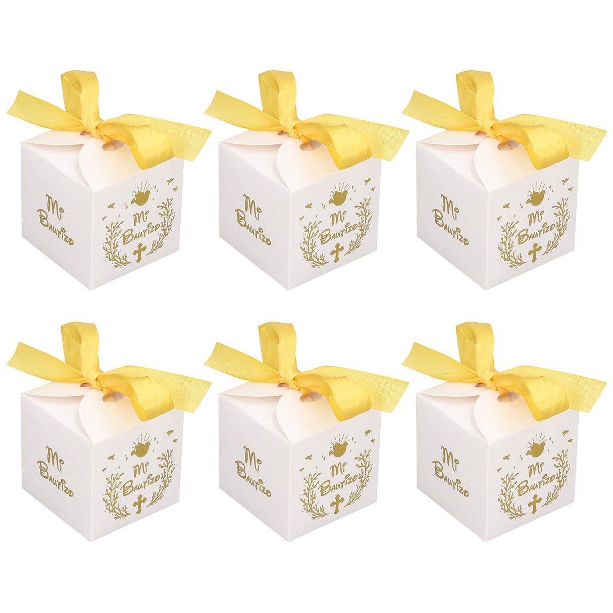 50pcs Party Favor Boxes Paper Material Mi Bautizo Pattern Equipped Gold Ribbon White Wedding Gift Boxes for Party