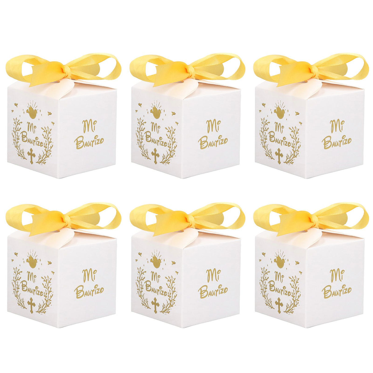 50pcs Party Favor Boxes Paper Material Mi Bautizo Pattern Equipped Gold Ribbon White Wedding Gift Boxes for Party