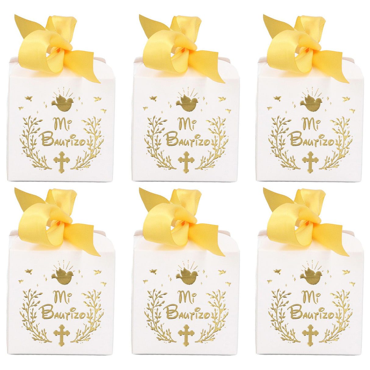 50pcs Party Favor Boxes Paper Material Mi Bautizo Pattern Equipped Gold Ribbon White Wedding Gift Boxes for Party