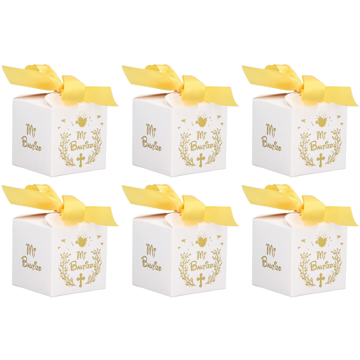 50pcs Party Favor Boxes Paper Material Mi Bautizo Pattern Equipped Gold Ribbon White Wedding Gift Boxes for Party