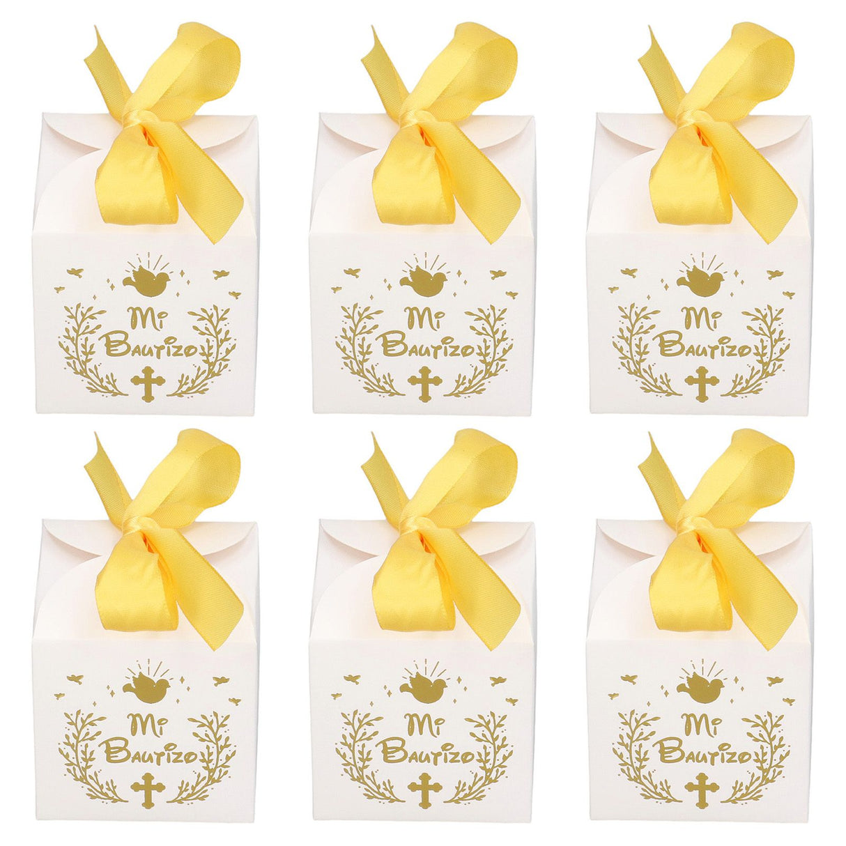 50pcs Party Favor Boxes Paper Material Mi Bautizo Pattern Equipped Gold Ribbon White Wedding Gift Boxes for Party