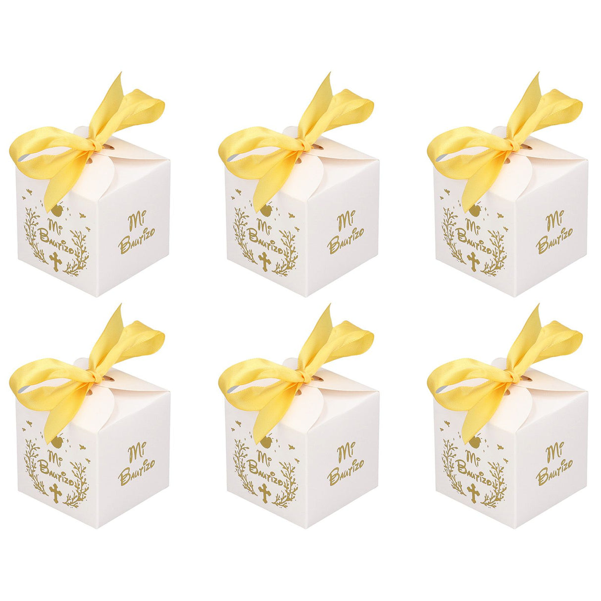 50pcs Party Favor Boxes Paper Material Mi Bautizo Pattern Equipped Gold Ribbon White Wedding Gift Boxes for Party