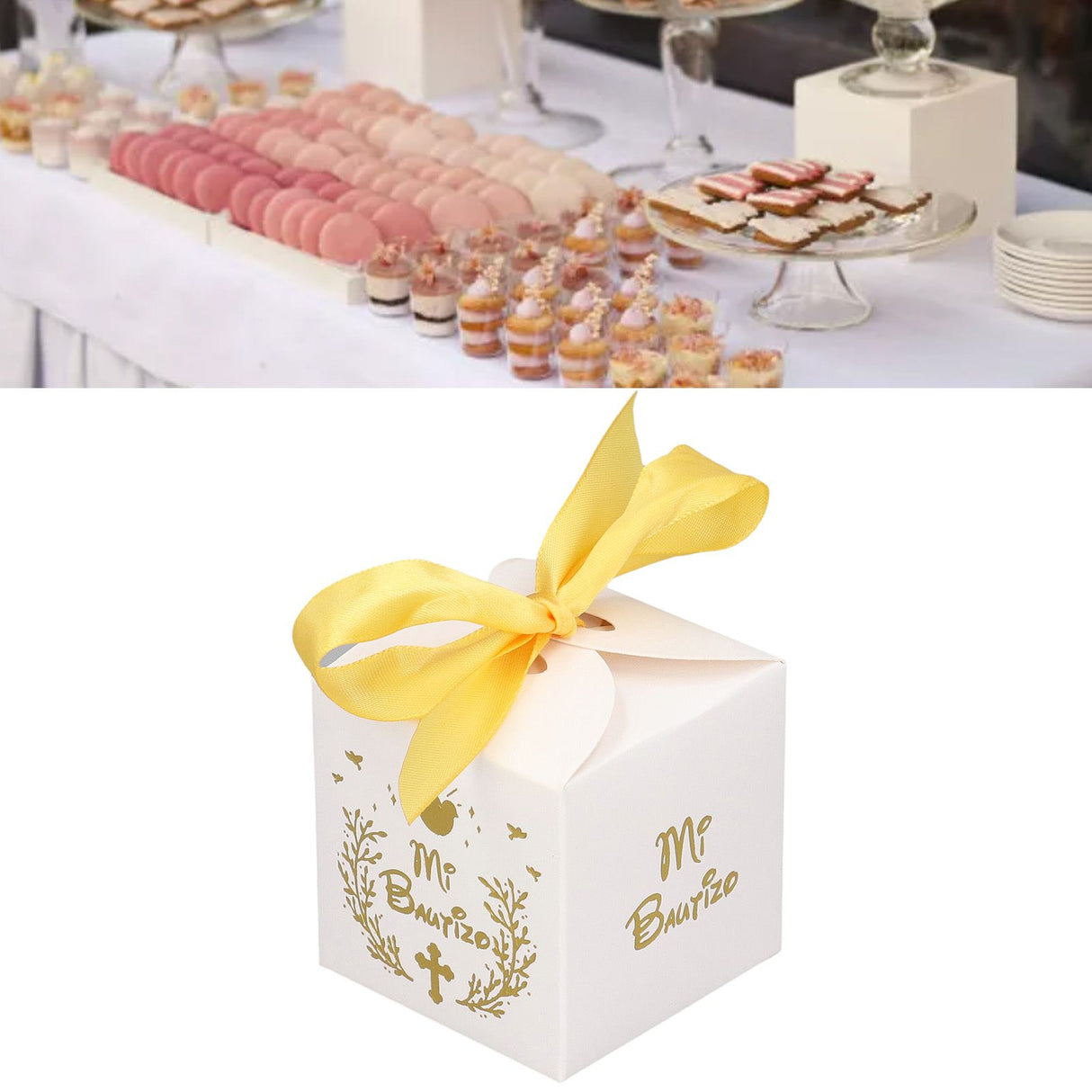 50pcs Party Favor Boxes Paper Material Mi Bautizo Pattern Equipped Gold Ribbon White Wedding Gift Boxes for Party