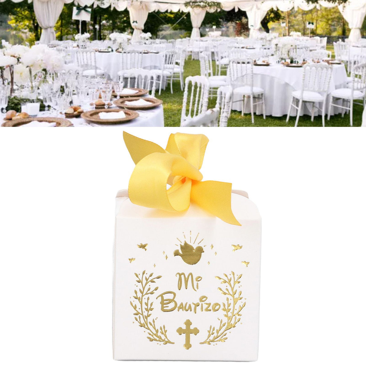 50pcs Party Favor Boxes Paper Material Mi Bautizo Pattern Equipped Gold Ribbon White Wedding Gift Boxes for Party
