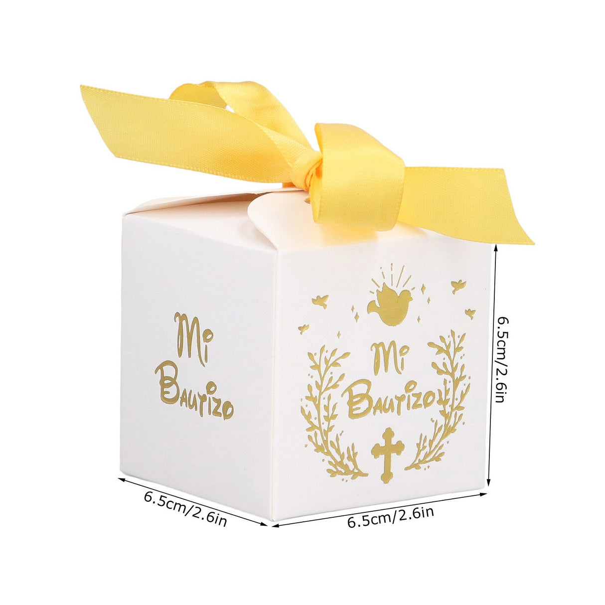 50pcs Party Favor Boxes Paper Material Mi Bautizo Pattern Equipped Gold Ribbon White Wedding Gift Boxes for Party