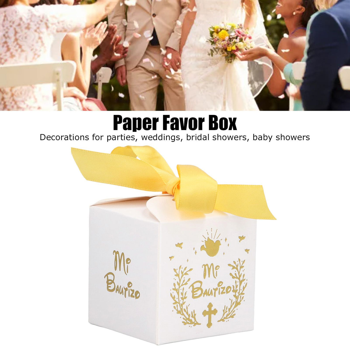 50pcs Party Favor Boxes Paper Material Mi Bautizo Pattern Equipped Gold Ribbon White Wedding Gift Boxes for Party