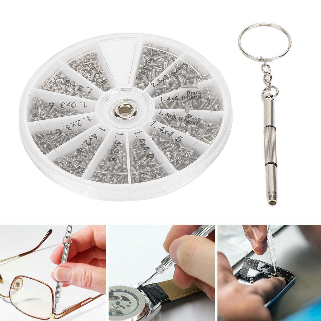 Screw Nut Assortment Kit 600pcs Watch Glasses Small Screw Nut Repair Kit with Screwdriver M1M1.2 M1.4 M1.6