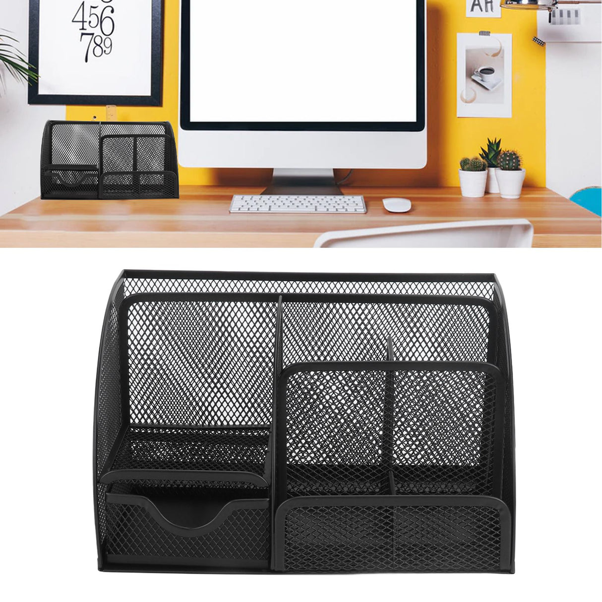 Desktop Mesh Pen Storage Holder 7 Compartments Multifunction Black for Home Sturdy Office