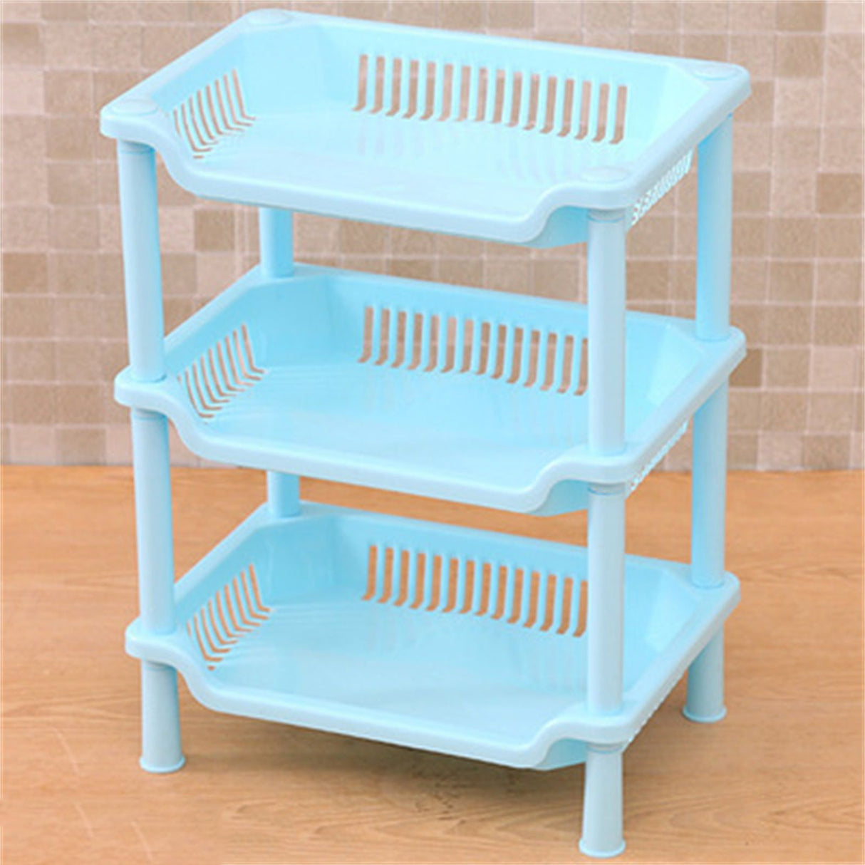 3 Layers Bathroom Standing Shelf Bathroom Stand PP Land Installation Bathroom Rack Storage Shelves for Bathroom KitchenBlue Tetragonum