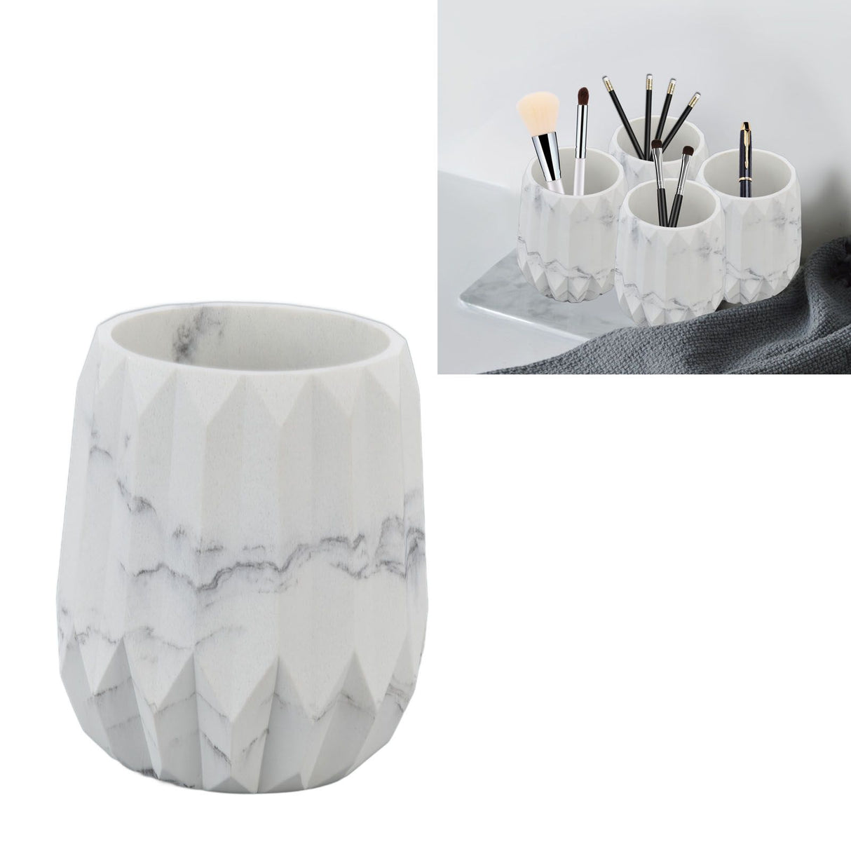 Makeup Brush Holder Durable Glossy Resin Large Capacity Modern Design Marble Vein Makeup Brush Organizer