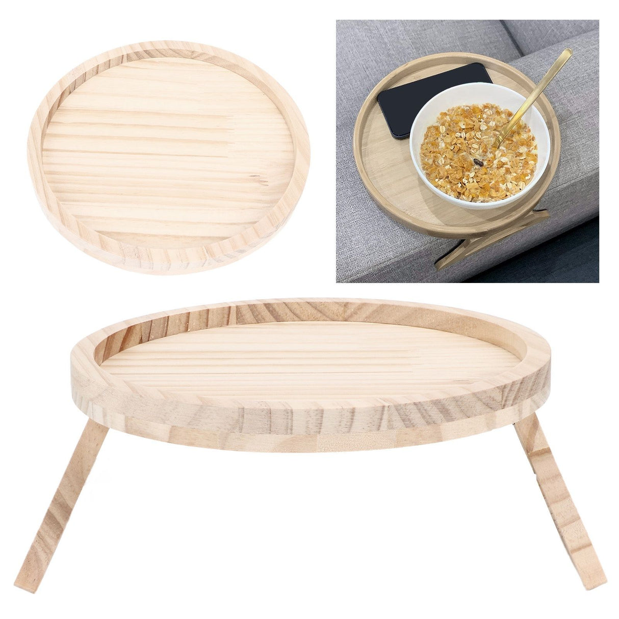 Clip On Tray Natural Bamboo 9.8in Round Home Couch Sofa Armrest Clip Tray Table for Snack Coffee Tee Remote Control 25cm/9.8in