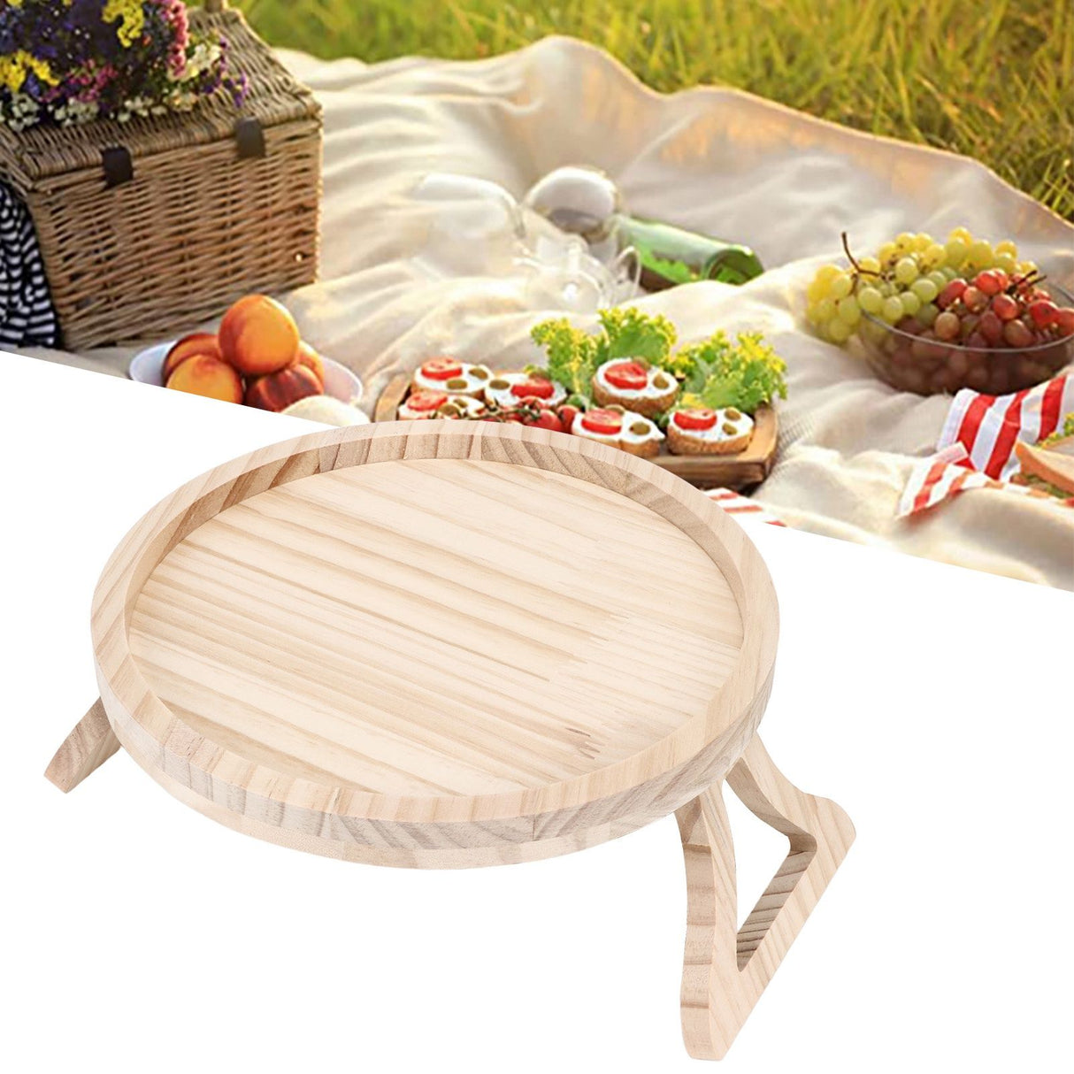 Clip On Tray Natural Bamboo 9.8in Round Home Couch Sofa Armrest Clip Tray Table for Snack Coffee Tee Remote Control 25cm/9.8in