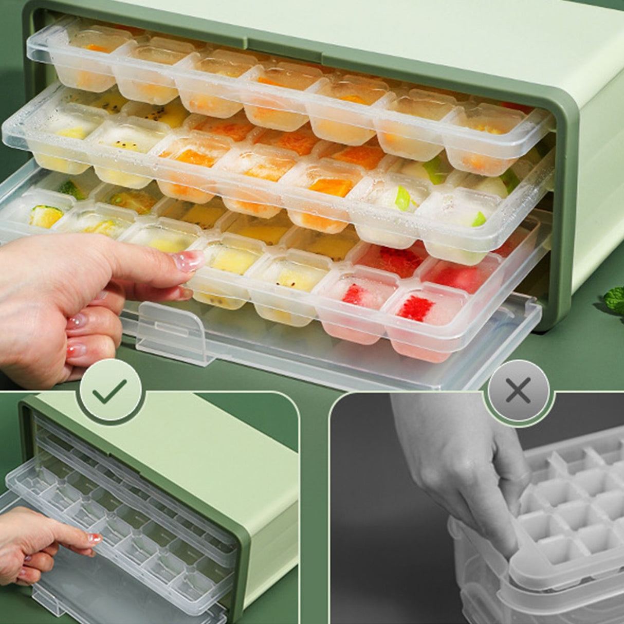3 Layer Ice Cube Tray Large Capacity Easy Demoulding Pull Out Ice Cube Bin with Ice Shovel Lid for Yogurt Wine Summer 3 Layer Pull Out Ice Box Ice Shovel (Green)