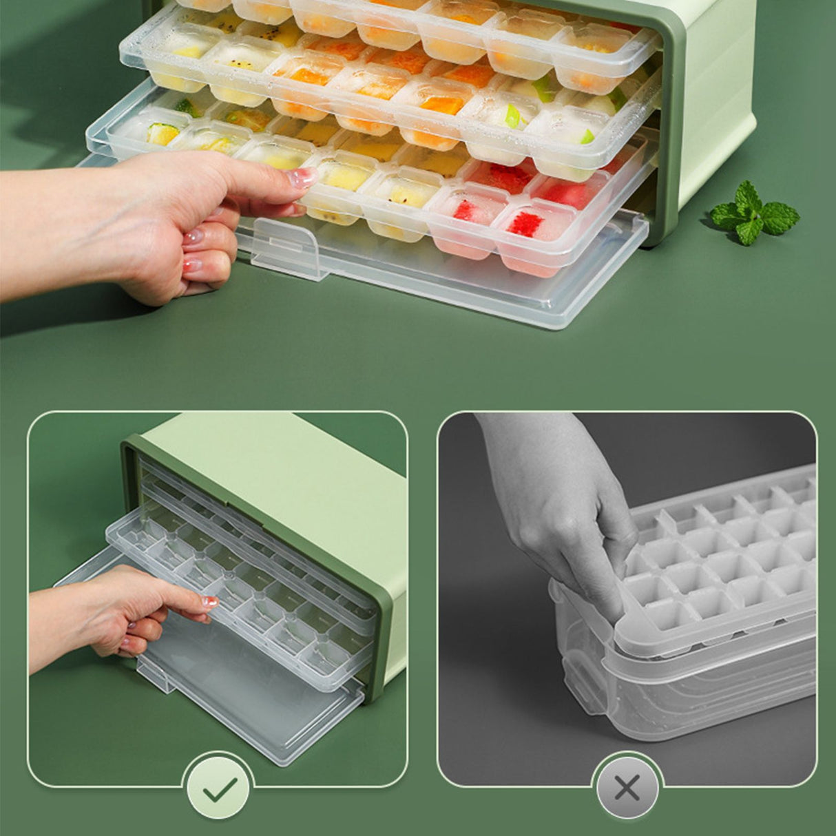 3 Layer Ice Cube Tray Large Capacity Easy Demoulding Pull Out Ice Cube Bin with Ice Shovel Lid for Yogurt Wine Summer 3 Layer Pull Out Ice Box Ice Shovel (Green)