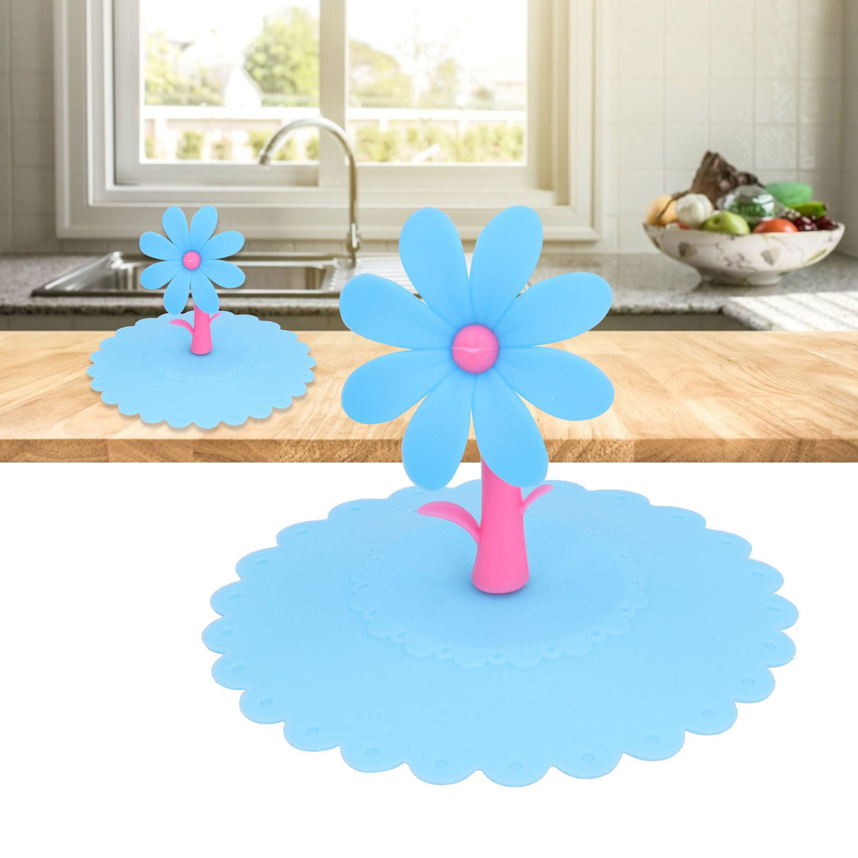 Silicone Lid Dustproof Hot and Cold Beverage Cup Cover with Flower Shape Handle for Kitchen HomeBlue
