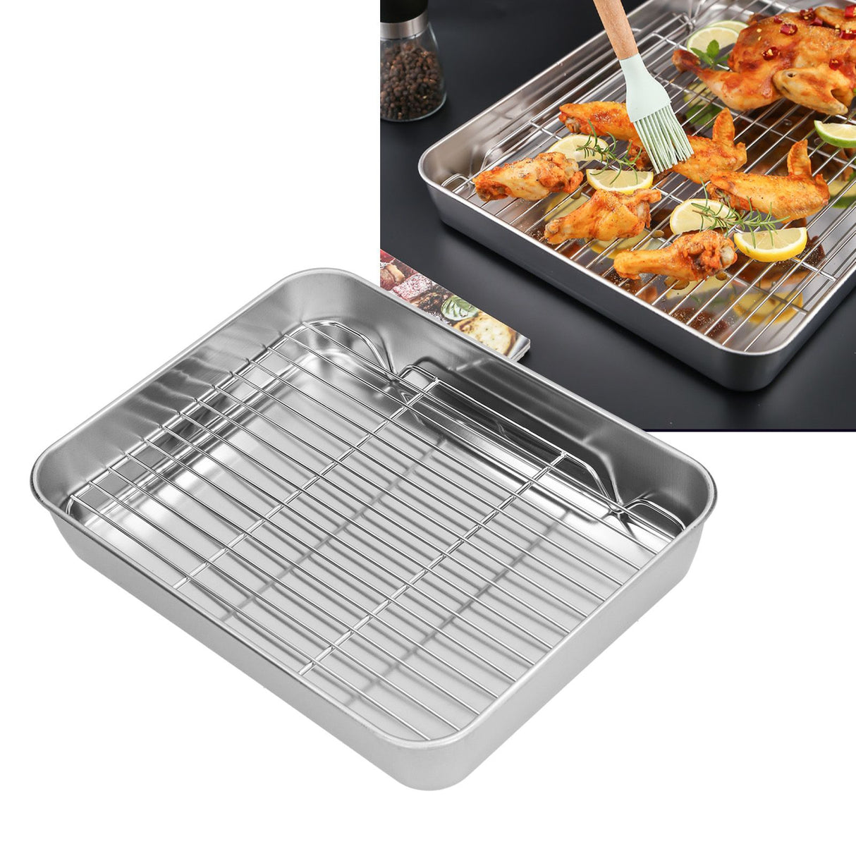 Roasting Pan and Rack Set Stainless Steel Easy Clean Rectangular Roaster with Rack for Cooking Baking26.5x20.5x5cm / 10.4x8.1x2.0in