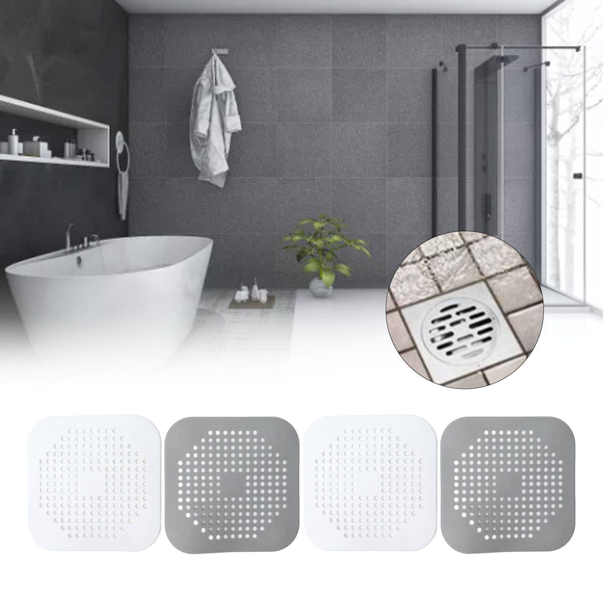 4 Pcs Drain Hair Catcher Square TPR Shower Hair Stopper with Suction Cup for Bathroom Bathtub Kitchen Grey and White